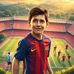 A vibrant scene depicting young Lionel Messi as he steps into the La Masia Academy in Barcelona, filled with excitement and determination