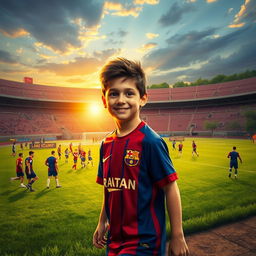 A vibrant scene depicting young Lionel Messi as he steps into the La Masia Academy in Barcelona, filled with excitement and determination