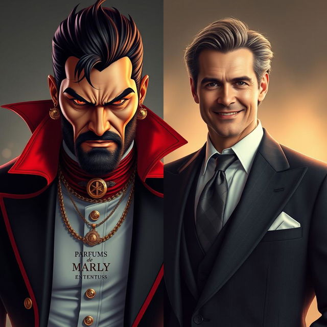 A captivating portrayal of two distinguished fragrances personified as humans