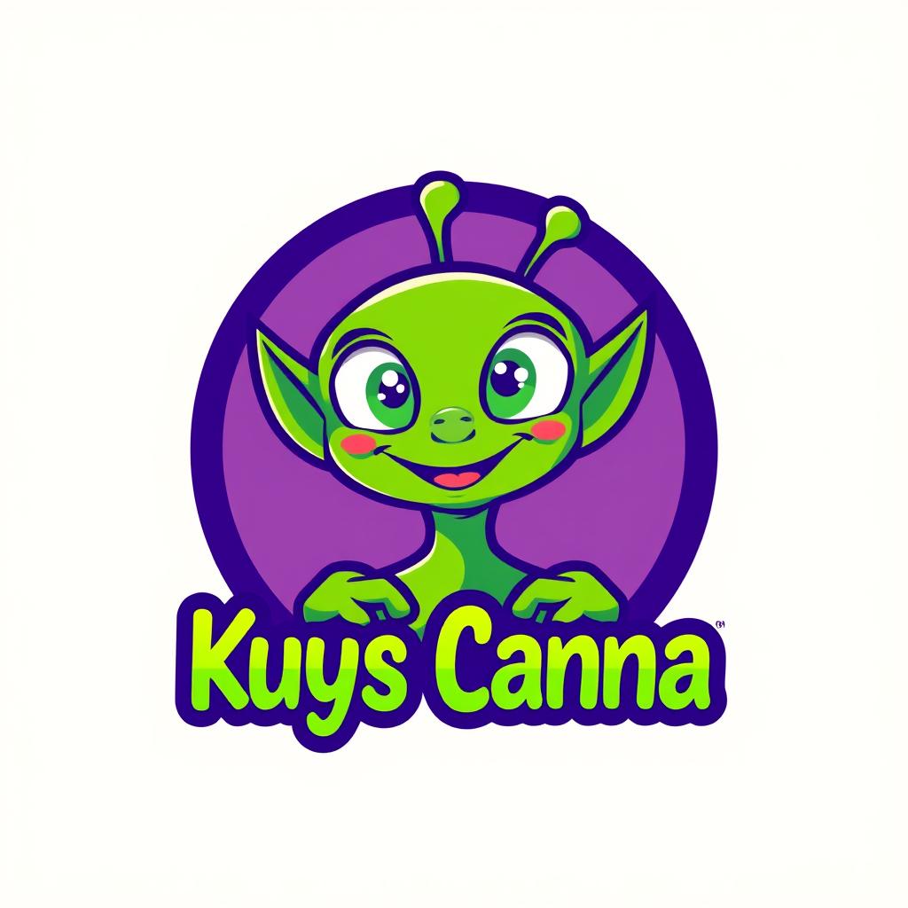 A modern logo design for a store named 'Kuys Canna', featuring a friendly, cartoonish alien character