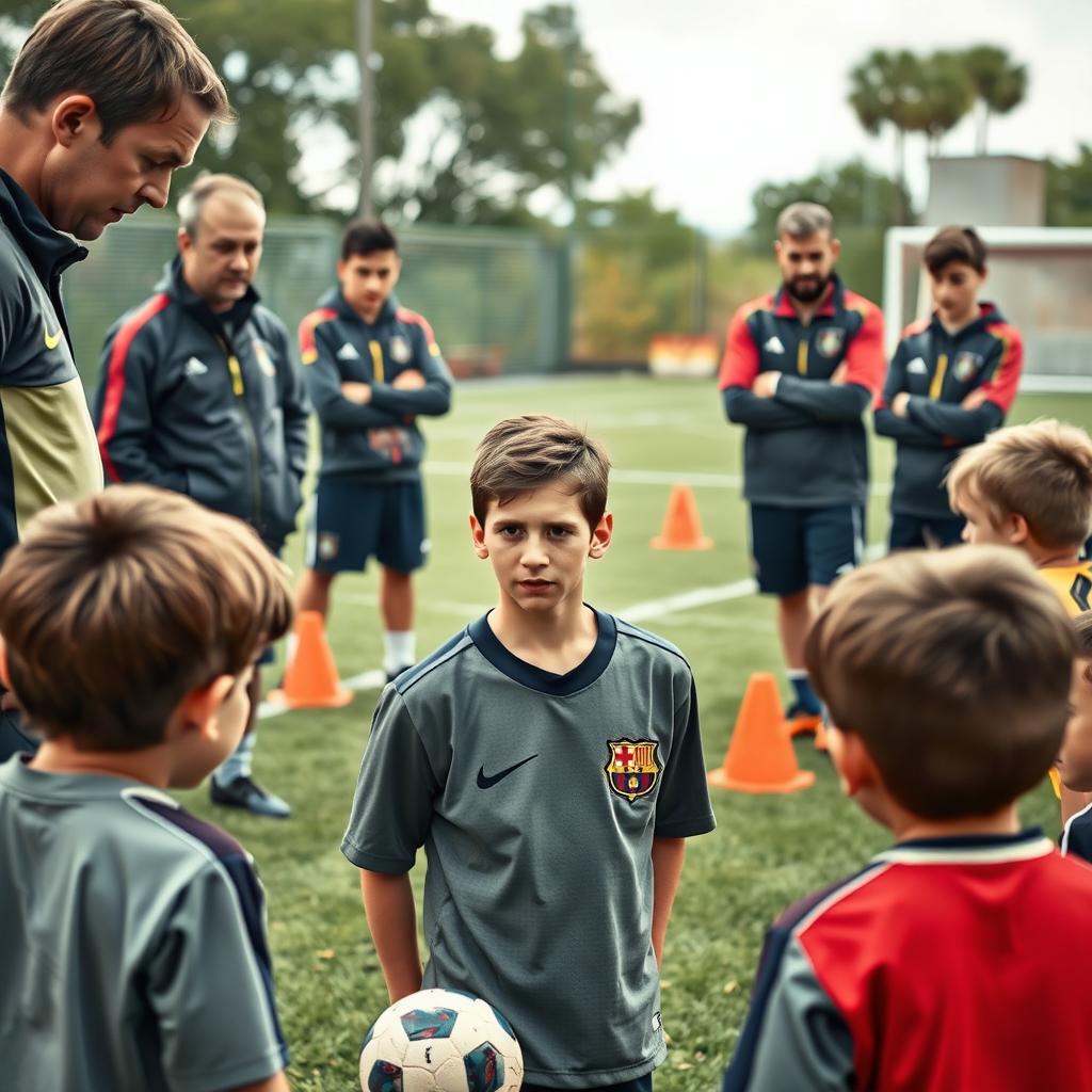 A poignant scene capturing young Lionel Messi facing challenges as he trains with other children in a soccer field