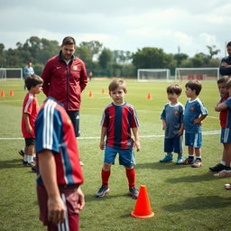 A poignant scene capturing young Lionel Messi facing challenges as he trains with other children in a soccer field