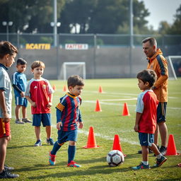 A poignant scene capturing young Lionel Messi facing challenges as he trains with other children in a soccer field