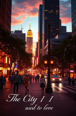 A nostalgic cityscape at sunset, showcasing a vibrant downtown with tall, glowing skyscrapers and bustling streets