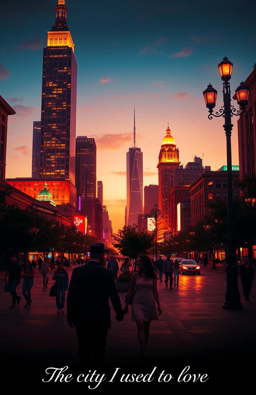 A nostalgic cityscape at sunset, showcasing a vibrant downtown with tall, glowing skyscrapers and bustling streets