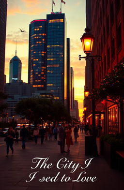 A nostalgic cityscape at sunset, showcasing a vibrant downtown with tall, glowing skyscrapers and bustling streets