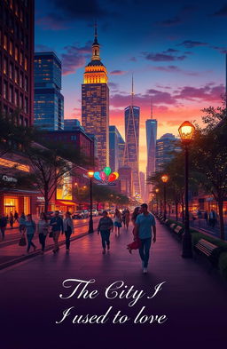 A nostalgic cityscape at sunset, showcasing a vibrant downtown with tall, glowing skyscrapers and bustling streets