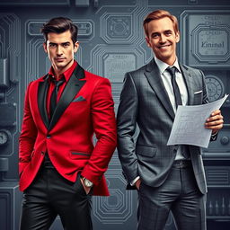 A sophisticated portrayal of two fragrances personified as electrical engineers in stylish suits