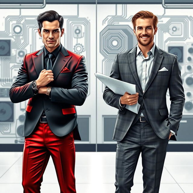 A sophisticated portrayal of two fragrances personified as electrical engineers in stylish suits