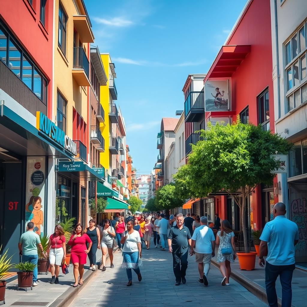 A vibrant street scene depicting a lively urban environment on a street named Kuys Canna
