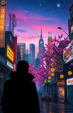 A surreal cityscape reflecting nostalgia, featuring vibrant neon lights and old-fashioned architecture, blending elements from different eras