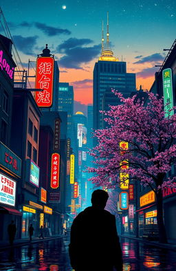 A surreal cityscape reflecting nostalgia, featuring vibrant neon lights and old-fashioned architecture, blending elements from different eras