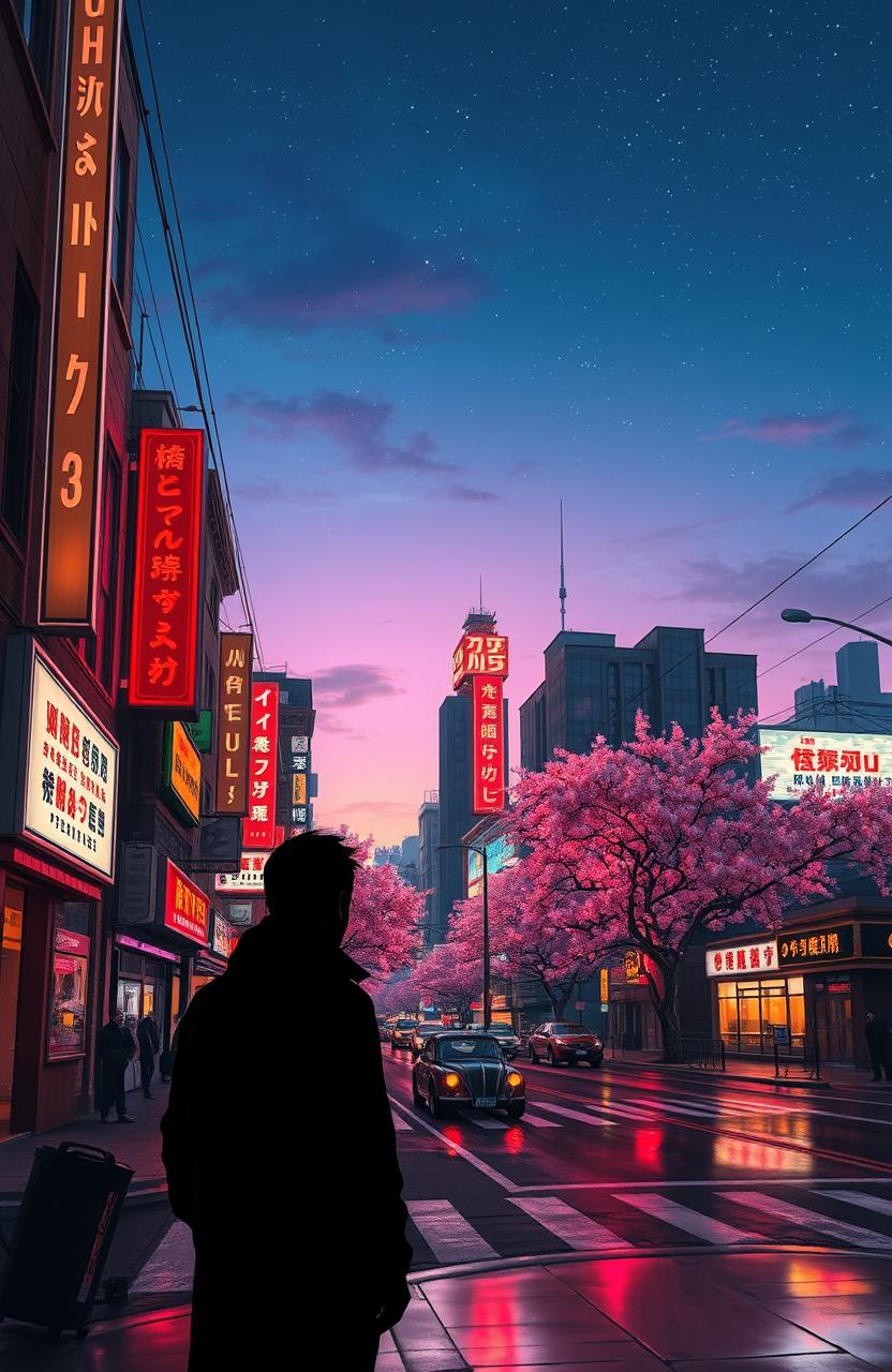 A surreal cityscape reflecting nostalgia, featuring vibrant neon lights and old-fashioned architecture, blending elements from different eras