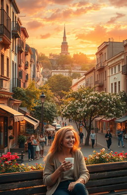 A nostalgic urban scene depicting a cityscape filled with vintage architecture, lush greenery, and warm, golden sunset lighting