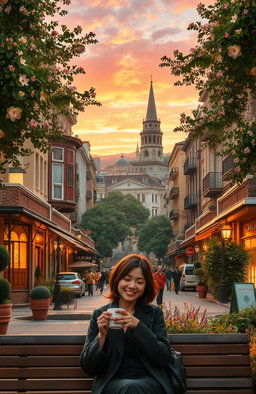 A nostalgic urban scene depicting a cityscape filled with vintage architecture, lush greenery, and warm, golden sunset lighting