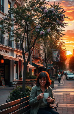 A nostalgic urban scene depicting a cityscape filled with vintage architecture, lush greenery, and warm, golden sunset lighting