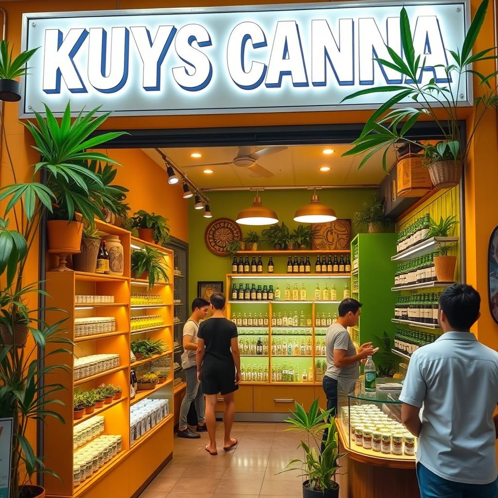 A vibrant and inviting marijuana store named 'Kuys Canna' located in the Philippines