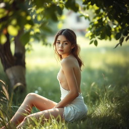 A serene and artistic depiction of an average girl in a soft, natural setting, portraying the naturalistic beauty of the human form