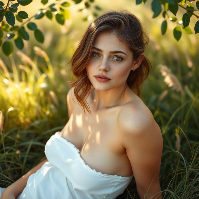 A serene and artistic depiction of an average girl in a soft, natural setting, portraying the naturalistic beauty of the human form