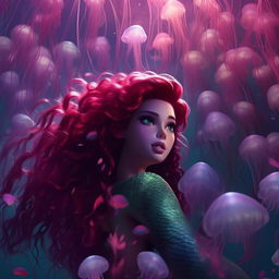 A beautiful mermaid with emerald and violet scales, swimming through a swarm of electric pink jellyfish in a 2.5D animation style.