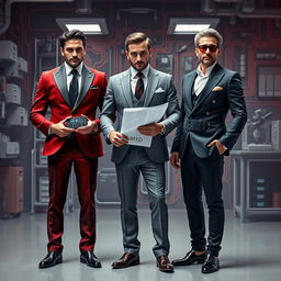 A striking depiction of three fragrances personified as electrical engineers in stylish suits