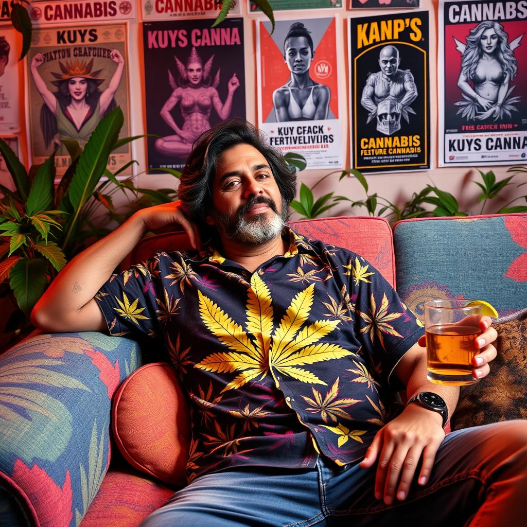 A laid-back stoner lounging on a colorful couch, wearing a vibrant Kuys canna shirt with a leafy marijuana print