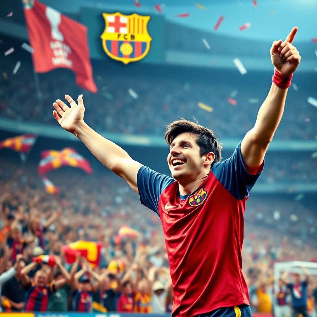 An electrifying moment capturing 17-year-old Lionel Messi celebrating his first goal for FC Barcelona in La Liga