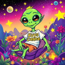 A colorful and vibrant illustration of an alien stoner, characterized by bright green skin, large expressive eyes, and a relaxed demeanor