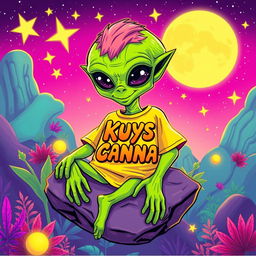 A colorful and vibrant illustration of an alien stoner, characterized by bright green skin, large expressive eyes, and a relaxed demeanor