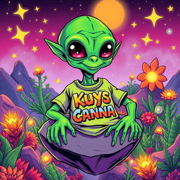 A colorful and vibrant illustration of an alien stoner, characterized by bright green skin, large expressive eyes, and a relaxed demeanor