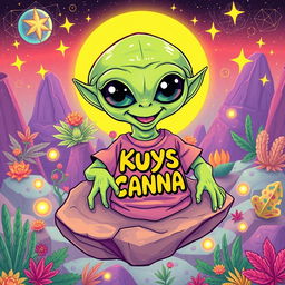 A colorful and vibrant illustration of an alien stoner, characterized by bright green skin, large expressive eyes, and a relaxed demeanor
