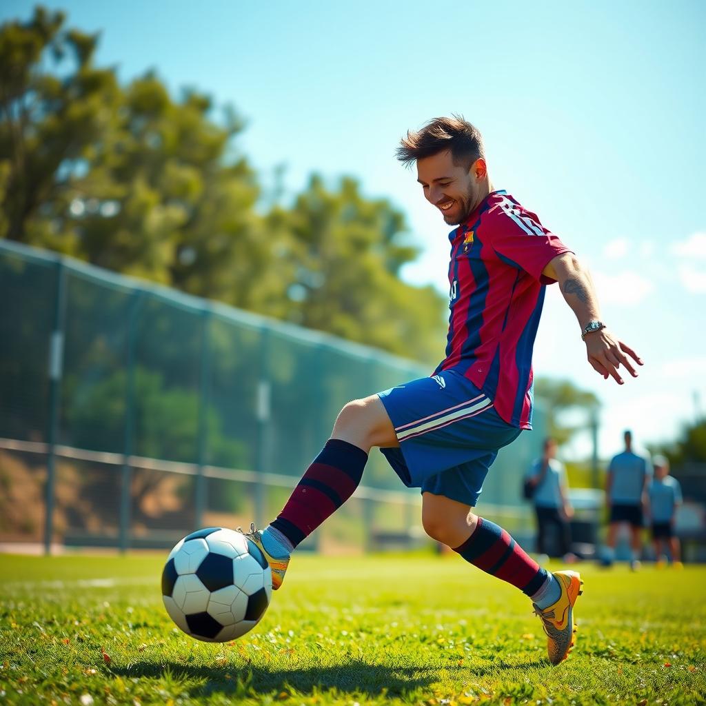 An enchanting scene featuring young Lionel Messi dancing with a soccer ball at his feet, embodying joy and passion for the game