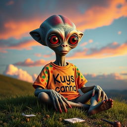 A realistic alien stoner with a unique and quirky appearance, featuring vibrant skin tones and large expressive eyes