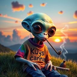 A realistic alien stoner with a unique and quirky appearance, featuring vibrant skin tones and large expressive eyes