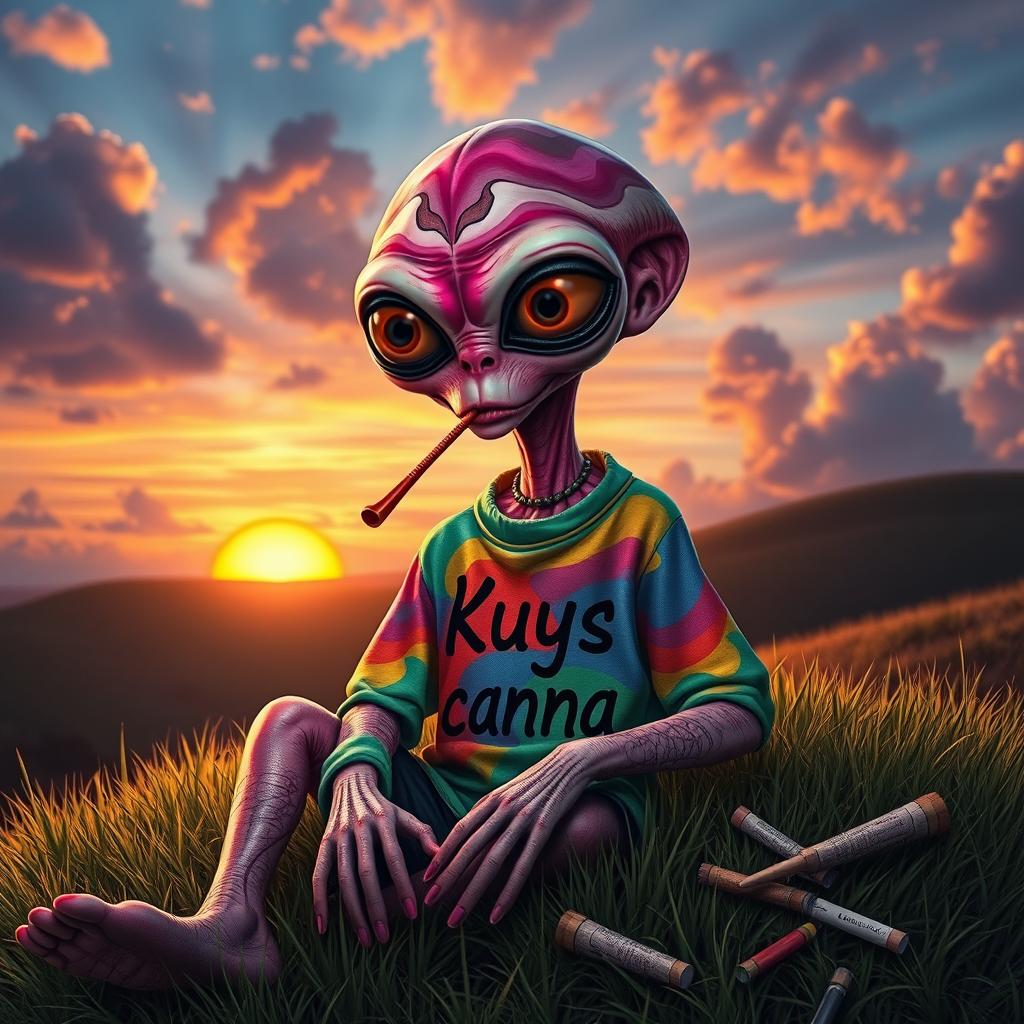 A realistic alien stoner with a unique and quirky appearance, featuring vibrant skin tones and large expressive eyes