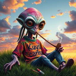 A realistic alien stoner with a unique and quirky appearance, featuring vibrant skin tones and large expressive eyes
