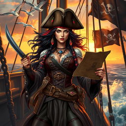 A fierce and imposing female pirate queen standing confidently on the deck of a grand ship, surrounded by a multitude of detailed pirate accessories