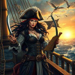 A fierce and imposing female pirate queen standing confidently on the deck of a grand ship, surrounded by a multitude of detailed pirate accessories