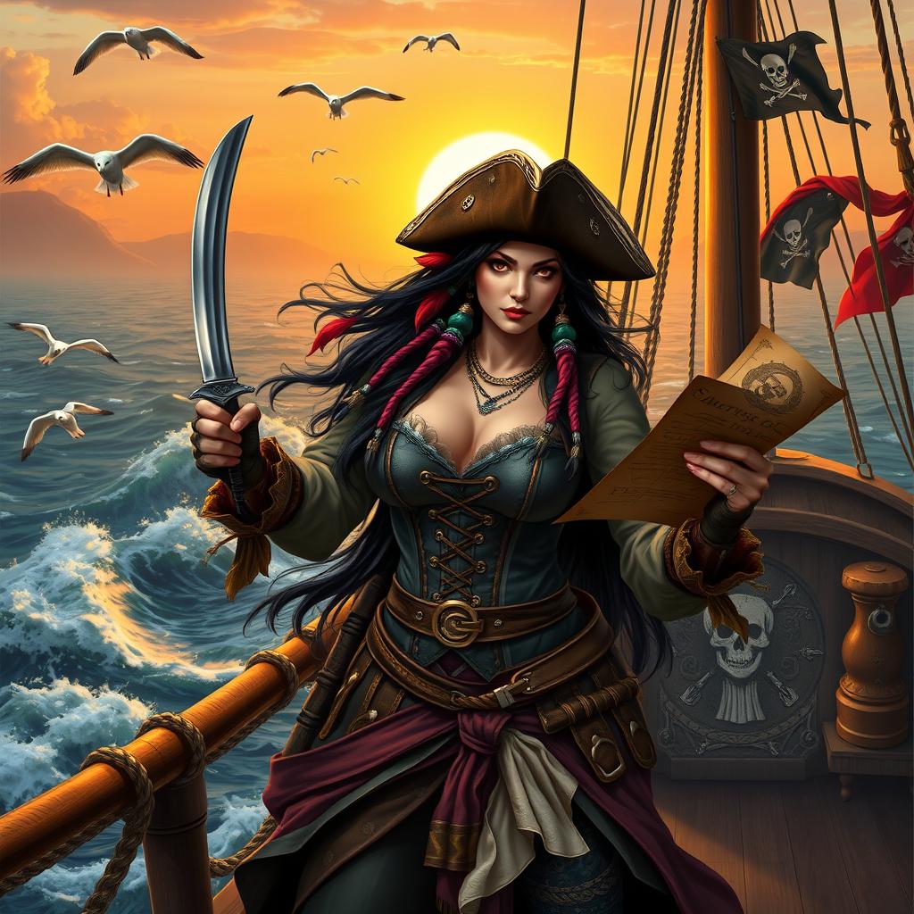 A fierce and imposing female pirate queen standing confidently on the deck of a grand ship, surrounded by a multitude of detailed pirate accessories
