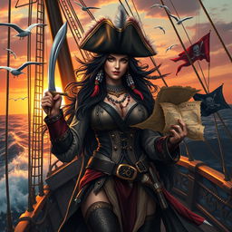 A fierce and imposing female pirate queen standing confidently on the deck of a grand ship, surrounded by a multitude of detailed pirate accessories