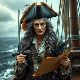 An imposing yet regal old female pirate queen standing proudly on the deck of a ship