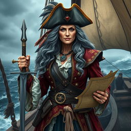 An imposing yet regal old female pirate queen standing proudly on the deck of a ship