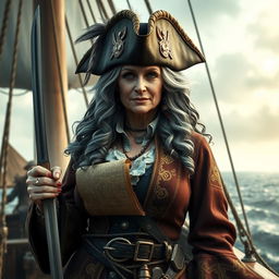An imposing yet regal old female pirate queen standing proudly on the deck of a ship