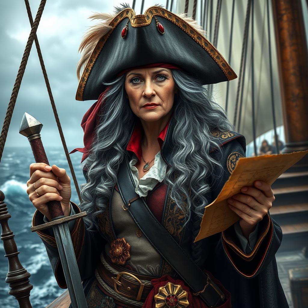 An imposing yet regal old female pirate queen standing proudly on the deck of a ship