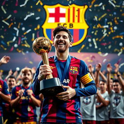 A powerful scene portraying Lionel Messi holding the Ballon d'Or trophy, symbolizing his recognition as the best player in the world