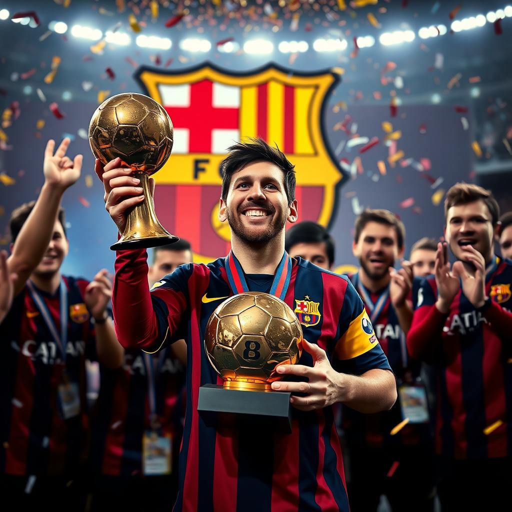 A powerful scene portraying Lionel Messi holding the Ballon d'Or trophy, symbolizing his recognition as the best player in the world