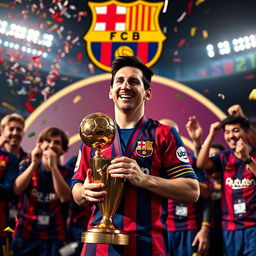 A powerful scene portraying Lionel Messi holding the Ballon d'Or trophy, symbolizing his recognition as the best player in the world