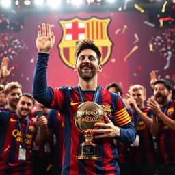 A powerful scene portraying Lionel Messi holding the Ballon d'Or trophy, symbolizing his recognition as the best player in the world