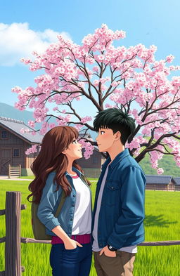 A scene depicting an American girl and a Korean boy gazing at each other lovingly, set against the backdrop of a picturesque Korean farm