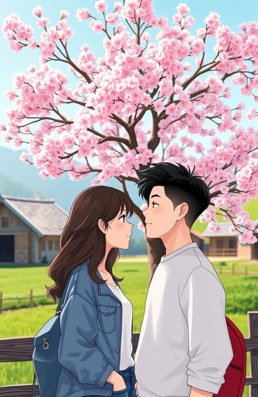 A scene depicting an American girl and a Korean boy gazing at each other lovingly, set against the backdrop of a picturesque Korean farm